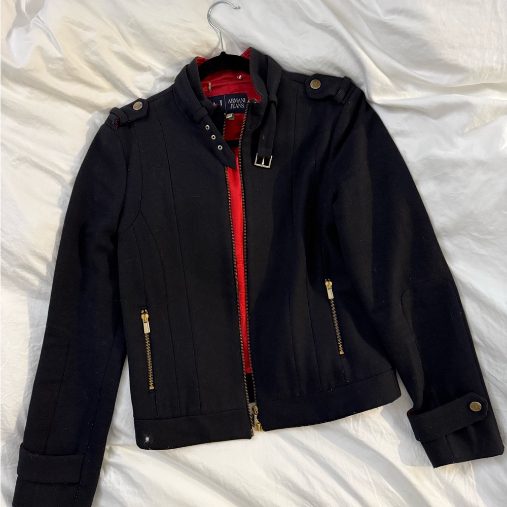 Armani Jeans Women's Dark Navy Moto Jacket with Red Lining